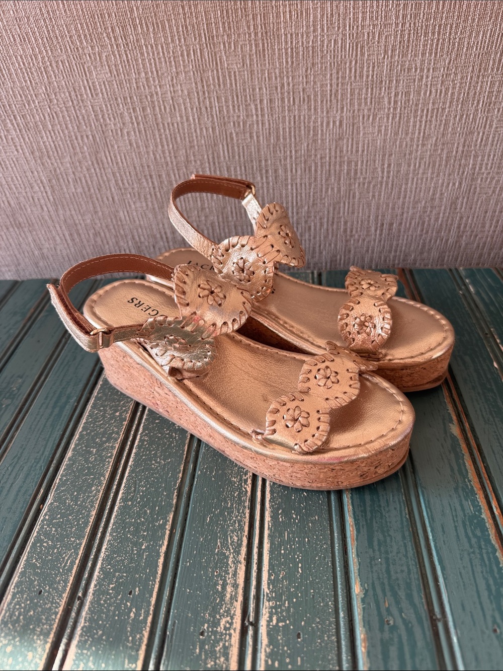Girls Jack Rogers Metallic Gold Wedge Sandals with Floral Cutouts